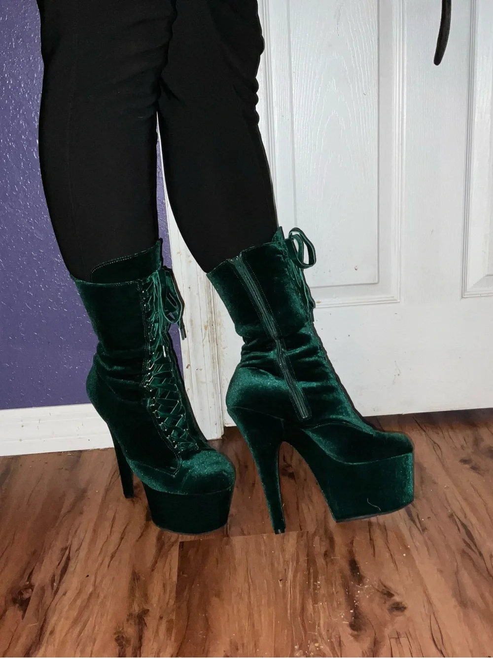 Pleaser Adore 1050 velvet emerald green mid calf boots